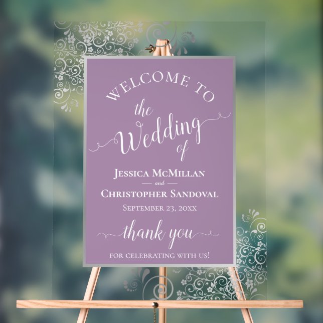 Lavender & Silver Calligraphy Wedding Welcome Acrylic Sign (Neutral)