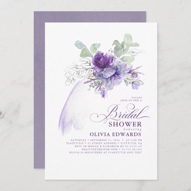 Lavender Silver Elegant Modern Boho Bridal Shower Invitation (Front/Back)