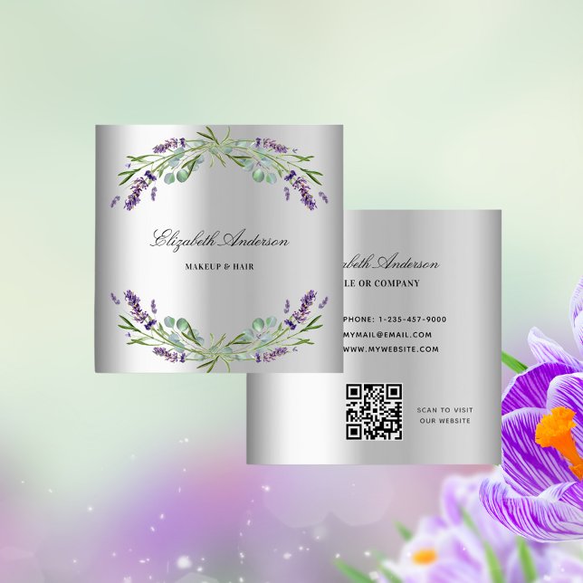 Lavender silver eucalyptus greenery QR code Square Business Card (Creator Uploaded)