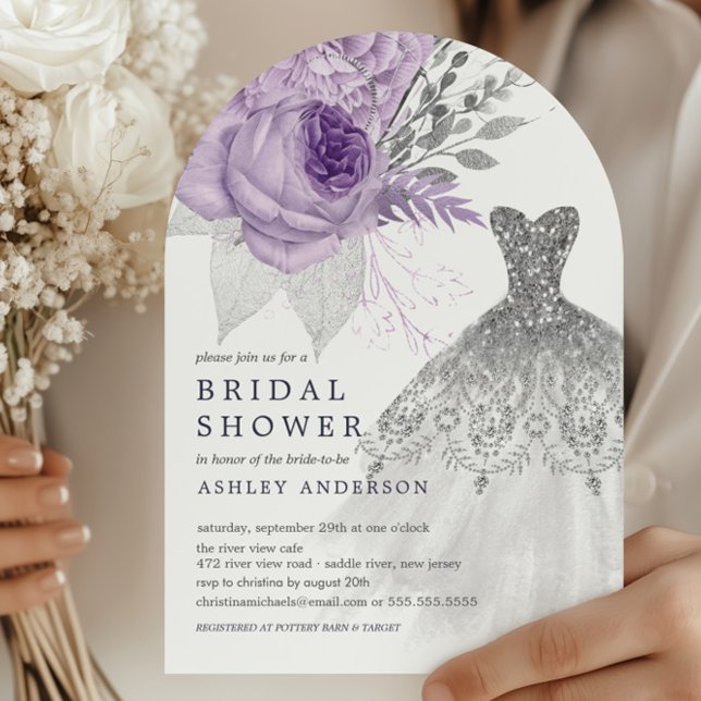 lavender Silver Floral Wedding Dress Bridal Shower Invitation (Creator Uploaded)