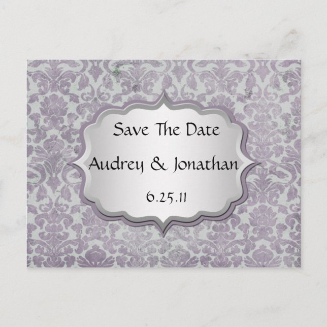 Lavender Silver Grunge Damask Save The Date Announcement Postcard (Front)
