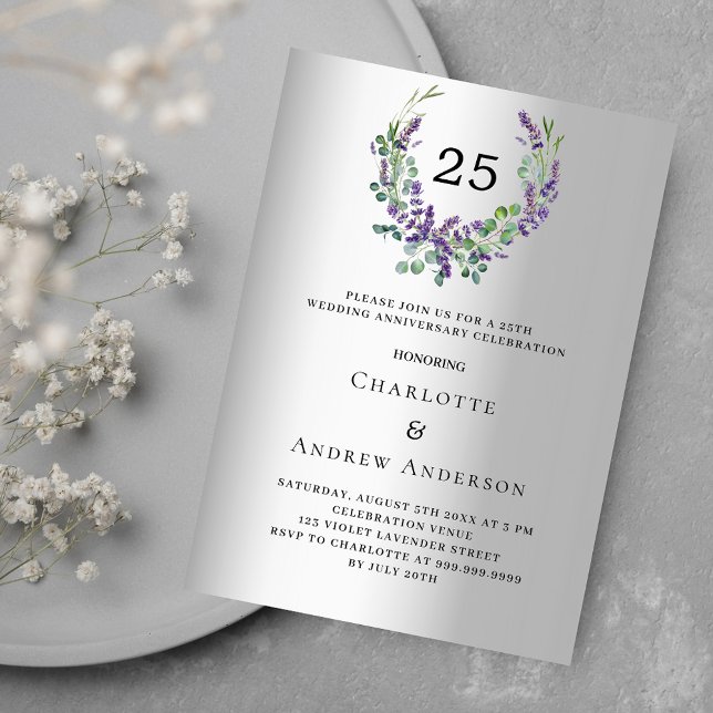 Lavender silver luxury 25th wedding anniversary invitation (Creator Uploaded)