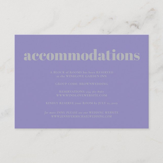 Lavender Silver Minimalist Wedding Accommodations Enclosure Card (Front)