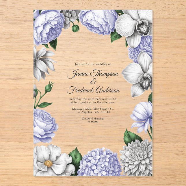 Lavender & Silver Modern Botanical Wedding Acrylic Invitations (Front)