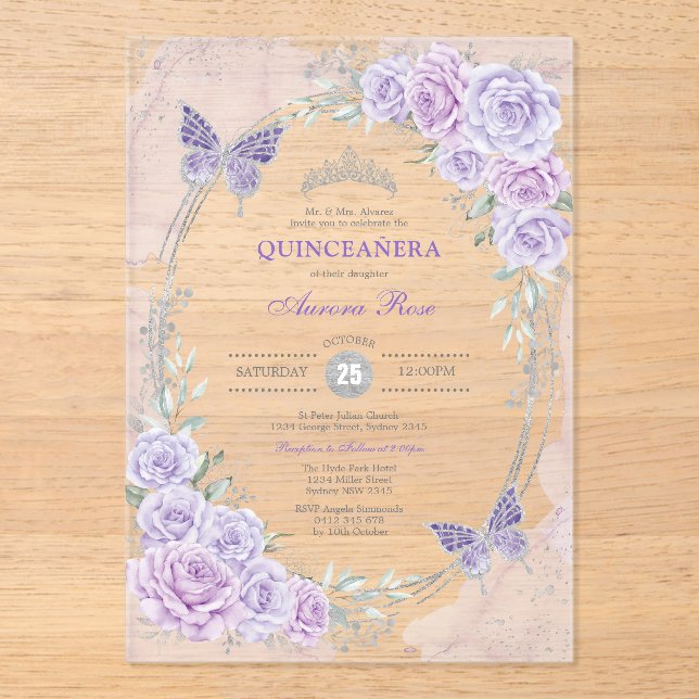 Lavender Silver Quinceanera Mis Quince 15 Anos Acrylic Invitations (Front)