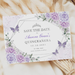 Lavender Silver Roses Quinceanera Save the Date Announcement