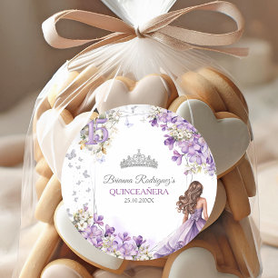 Lavender Silver Tiara Floral Butterfly Quinceañera Classic Round Sticker