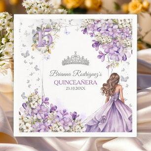 Lavender Silver Tiara Floral Butterfly Quinceañera Napkin