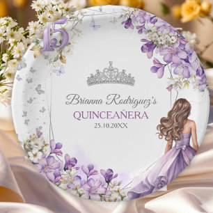 Lavender Silver Tiara Floral Butterfly Quinceañera Paper Plate