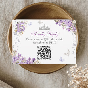 Lavender Silver Tiara Floral Butterfly Quinceañera RSVP Card