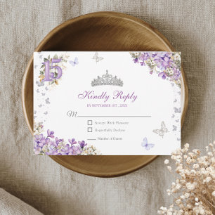 Lavender Silver Tiara Floral Butterfly Quinceañera RSVP Card