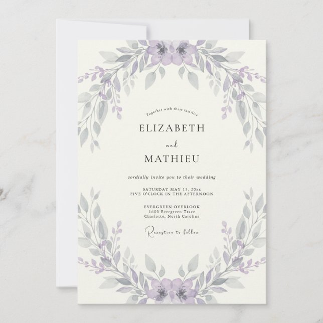 Lavender Silver Wreath Wedding Invitation (Front)