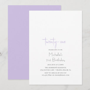 Lavender Simple Modern Minimalist 21st Birthday Invitation