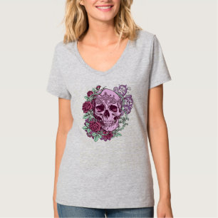 Lavender Skull With Roses Goth Design T-Shirt