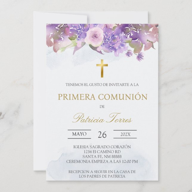 Lavender Spanish first communion Invitation (Front)