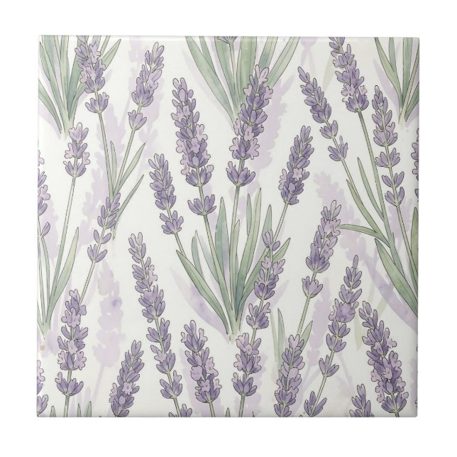 Lavender Sprigs Watercolor Botanical Pattern Tile (Front)