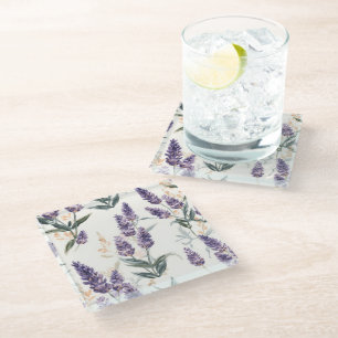 Lavender Sprigs Watercolor Botanical Purple Floral Glass Coaster