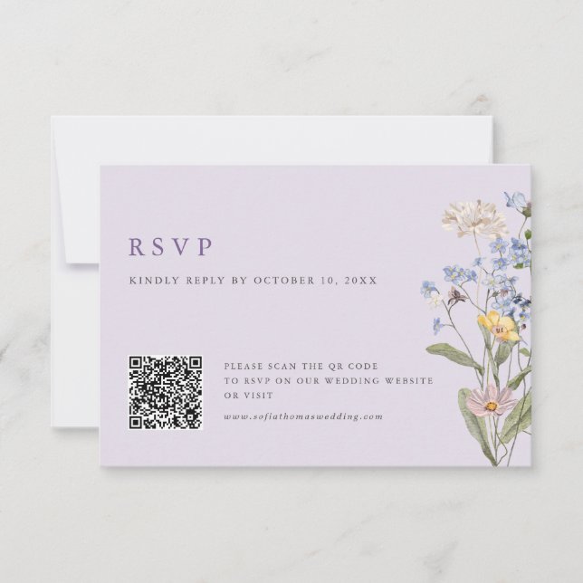 Lavender Spring Wildflower Meadow Wedding QR Code RSVP Card (Front)