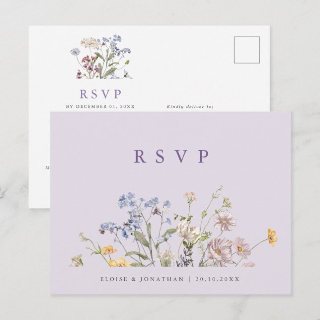 Lavender Spring Wildflower Meadow Wedding RSVP Postcard (Front/Back)