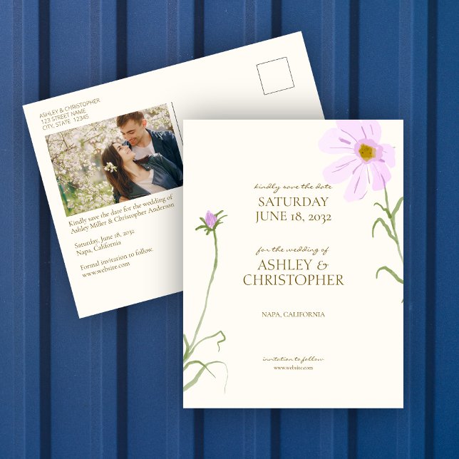 Lavender Spring Wildflower Wedding Save the Date Postcard (Creator Uploaded)