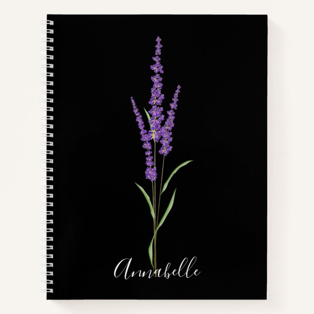 Lavender Stem on Black | Personalised  Notebook (Front)