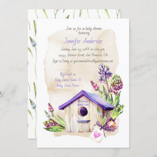 Lavender Stems Purple Birdhouse Baby Shower Invitation