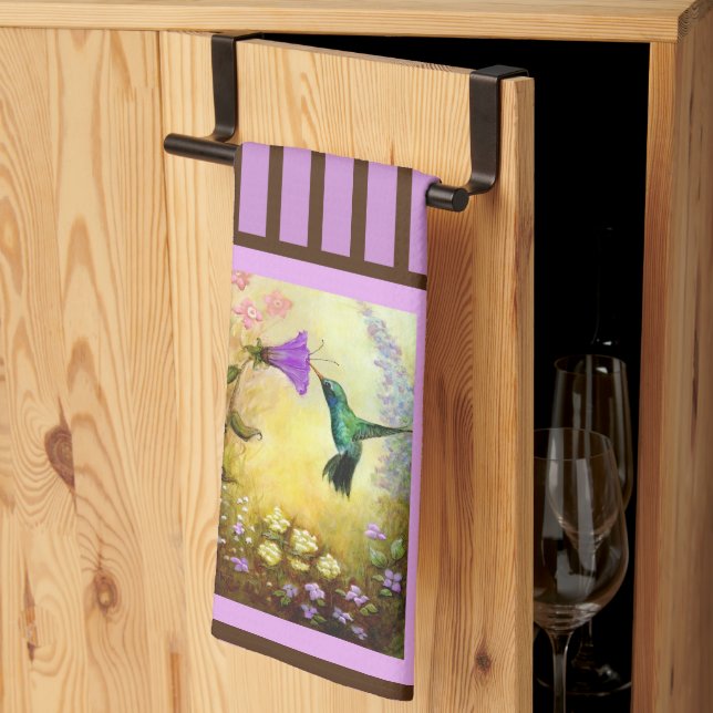 Lavender Striped Hummingbird Kitchen Towel (Thirds Fold)