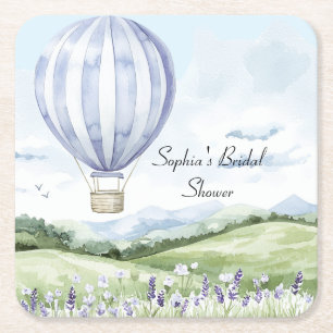 Lavender Stripes Balloon Floral Bridal Shower Square Paper Coaster