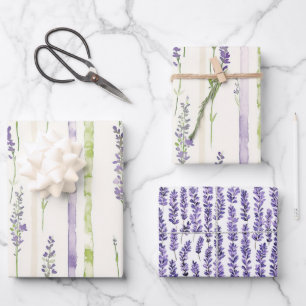 Lavender Stripes Floral Birthday Wrapping Paper Sheet