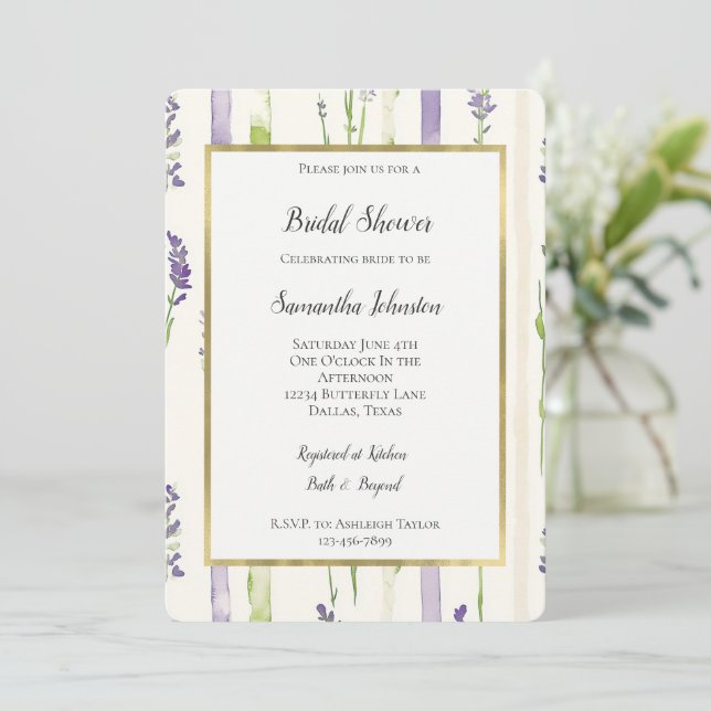 Lavender Stripes Floral Bridal Shower Invitation (Standing Front)