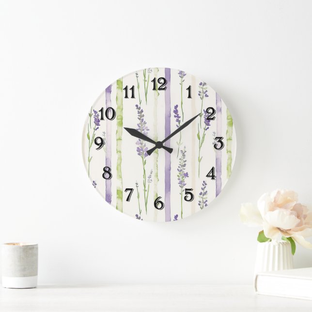 Lavender Stripes Floral   Large Clock (Home)