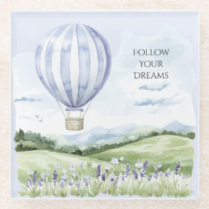 Lavender Stripes Hot Air Balloon Hills Flowers Glass Coaster