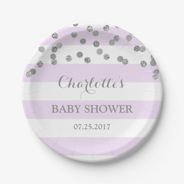 Lavender Stripes Silver Confetti Baby Shower Plate (Front)