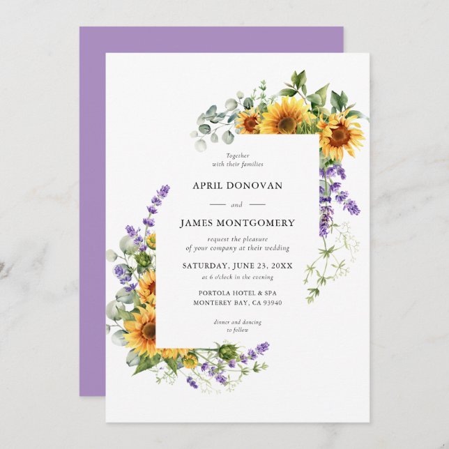 Lavender Sunflower Floral Frame Wedding Invitation (Front/Back)