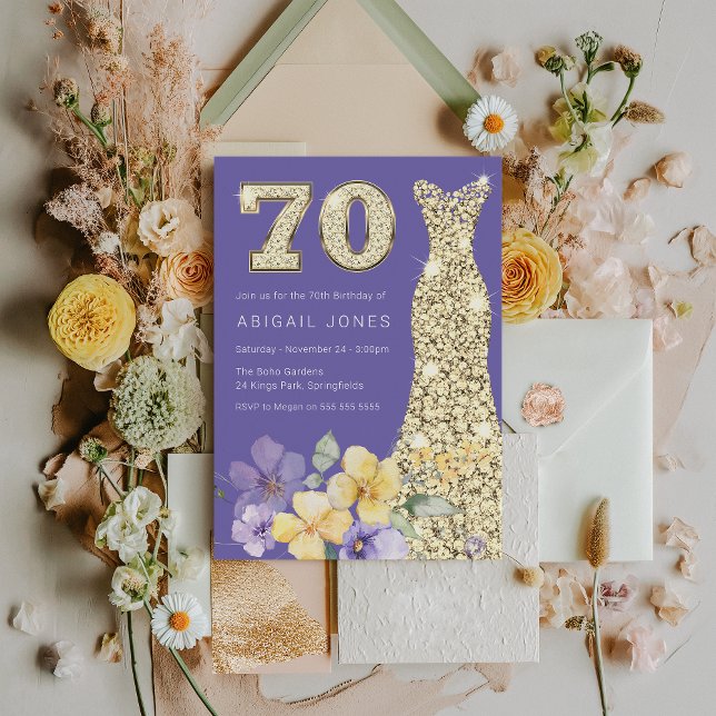 Lavender & Sunshine Gold Gown 70th Birthday Party Invitation (Creator Uploaded)