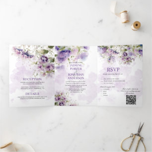 Lavender Sweet Peas Tri-Fold Wedding Invitation