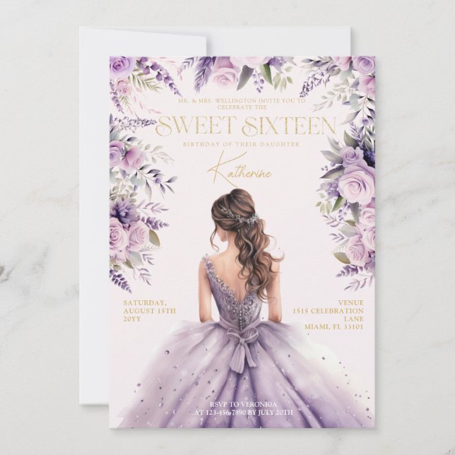 Lavender Sweet Sixteen 16 Purple Dress Floral Invitation (Front)