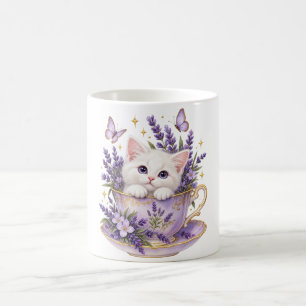 Lavender Tea Cat White Kitten Floral Mug