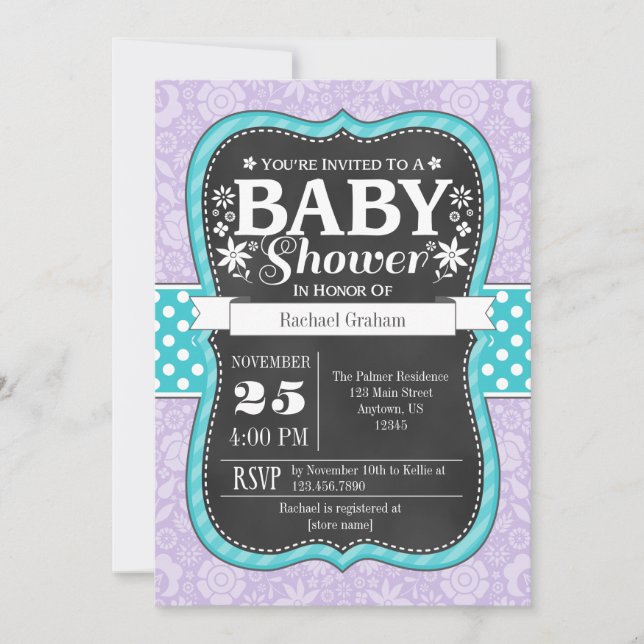 Lavender Teal Chalkboard Floral Baby Shower Invite (Front)