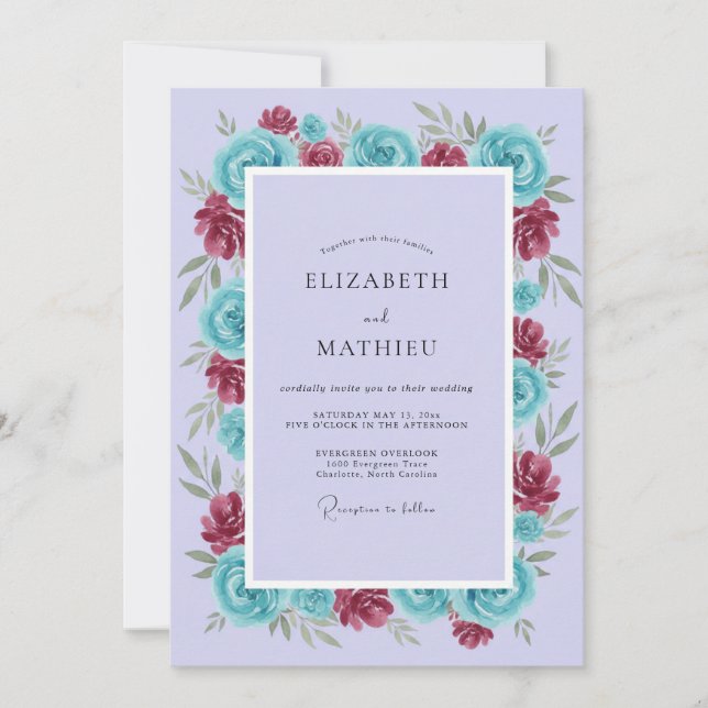 Lavender Teal Rose Floral Wedding Invitation (Front)