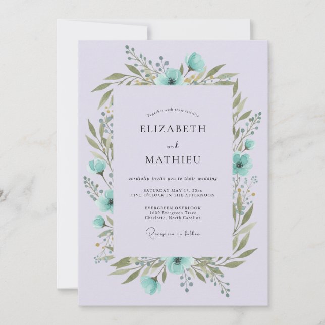 Lavender Teal Tranquil Botanical Wedding Invitation (Front)