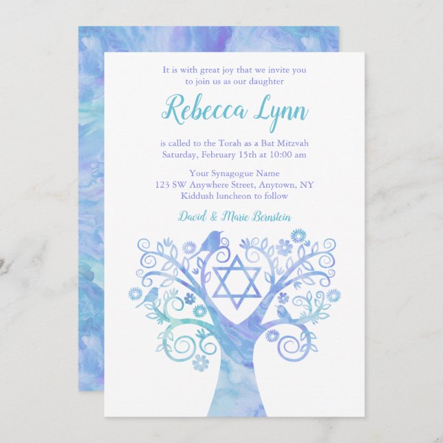 Lavender Teal Watercolor Tree of Life Bat Mitzvah Invitation (Front/Back)