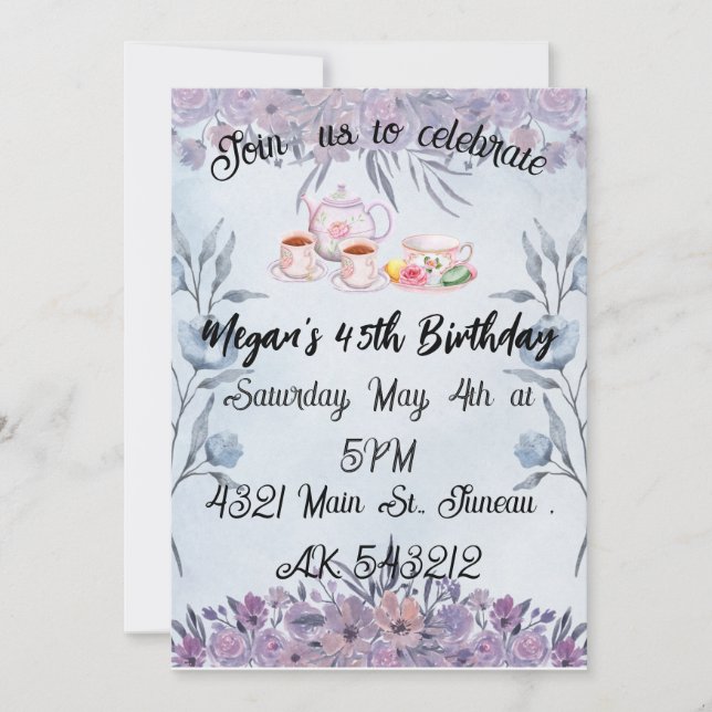 Lavender teapot flowers birthday  invitation (Front)