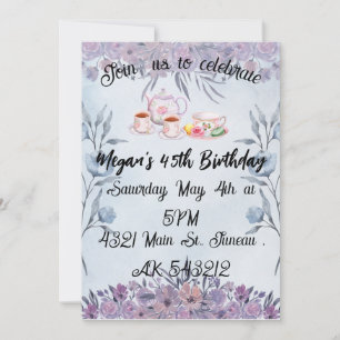 Lavender teapot flowers birthday  invitation