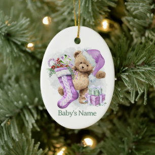 Lavender Teddy Bear Baby's First Christmas Ceramic Tree Decoration