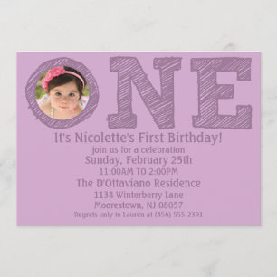 Lavender The Big One Photo First Birthday Party Invitation