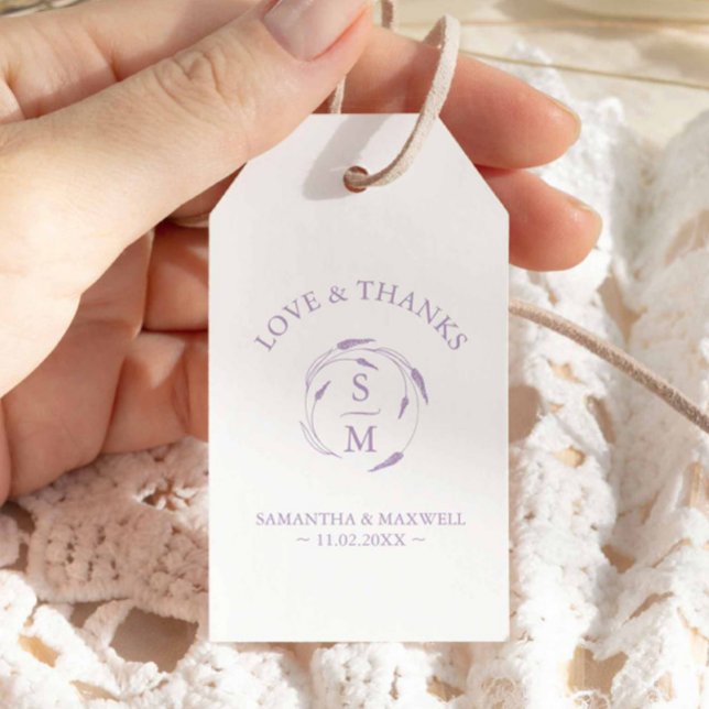 Lavender-themed Favour Tags Monogram Crest (Minimalistic wedding favor tags feature unique lavender line art by Victoria Grigaliunas)