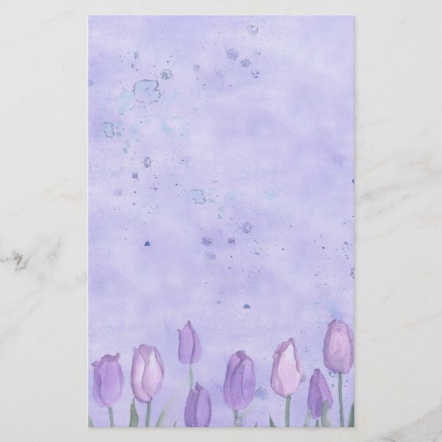 Lavender Tulips Watercolor Flower Pastel Stationery (Front)