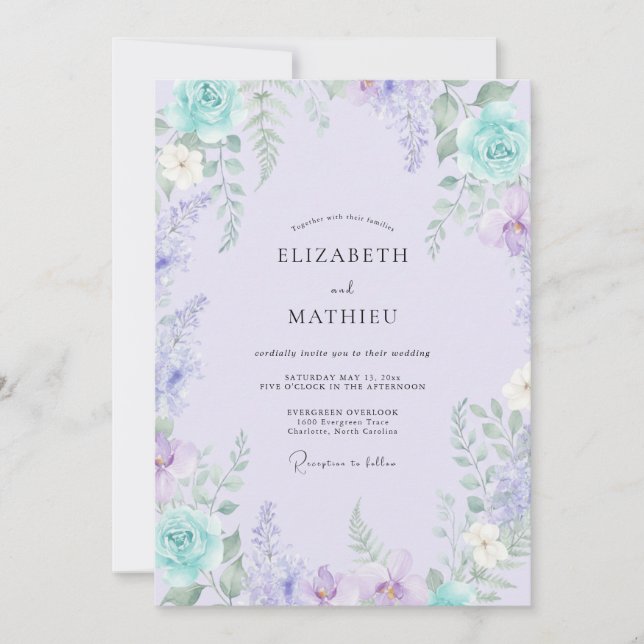 Lavender Turquoise Botanical Wedding Invitation (Front)