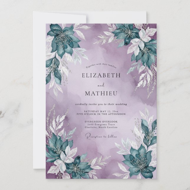 Lavender Turquoise Leafy Wedding Invitation (Front)